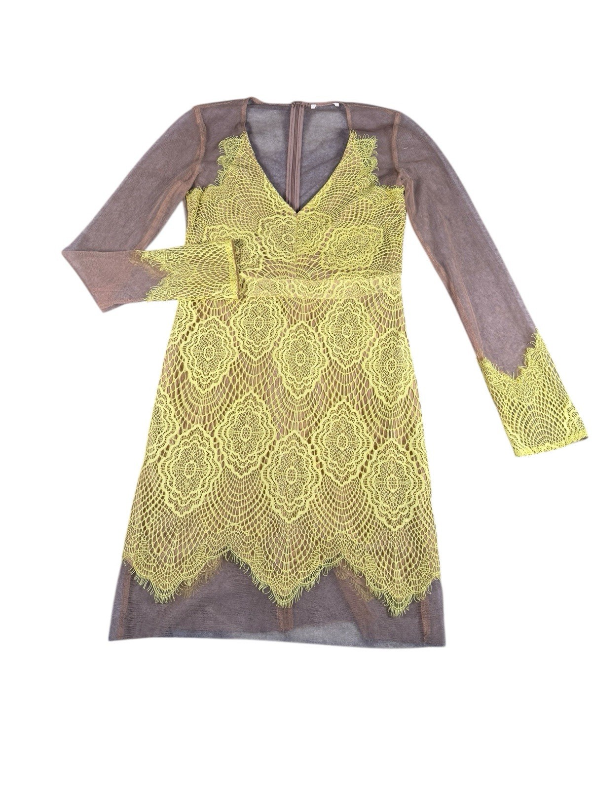 Women’s Lace Overlay Sheer Mesh Mini Dress V-Neck Long Sleeve Yellow Nude Size M