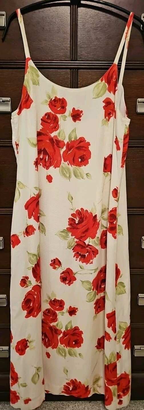 LAURA ASHLEY DRESS SZ 10 WHITE RED GREEN FLORAL SPAGHETTI STRAP MIDI LINED ZIP