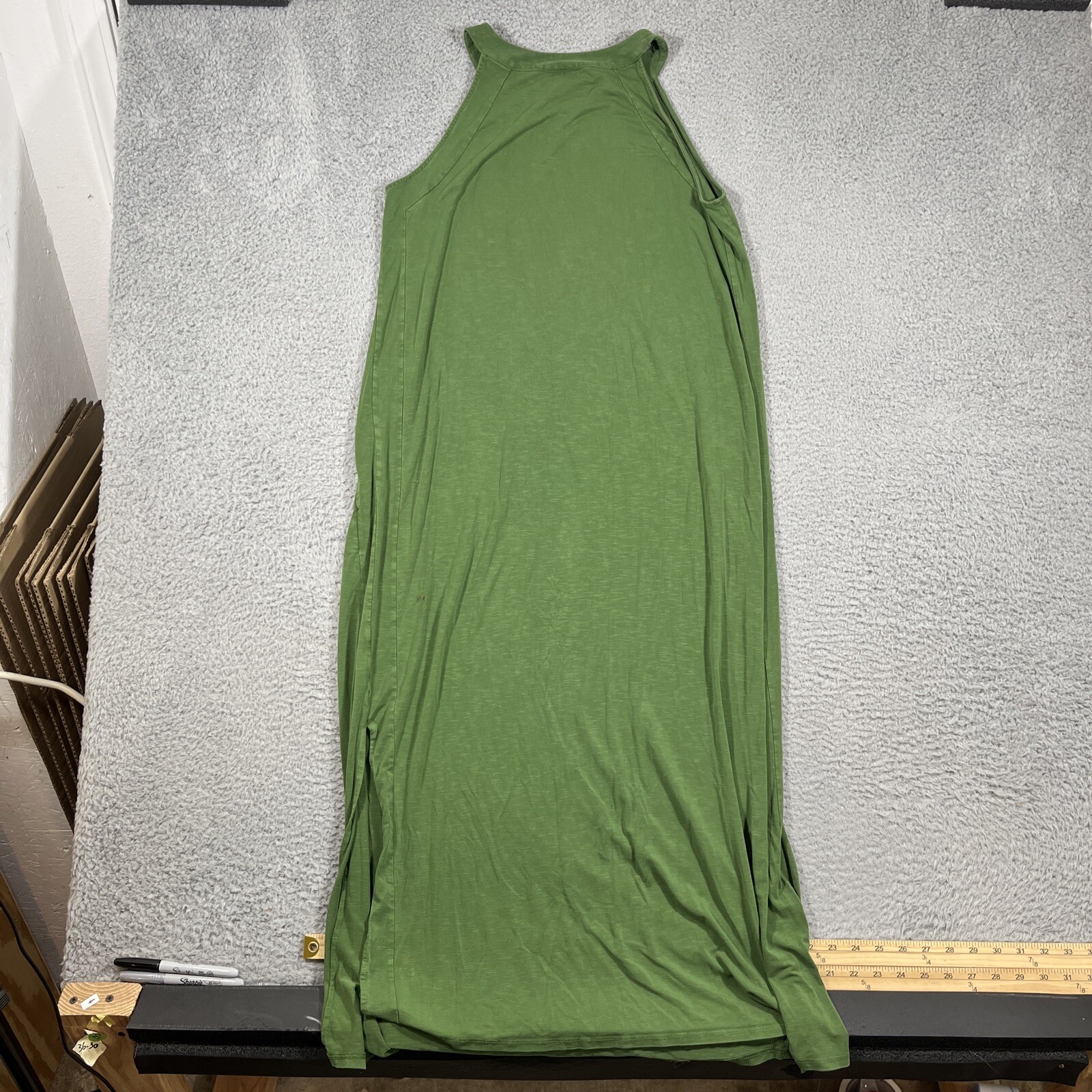 J Jill Olive Green M Stretch Slub Jersey Knit High Neck Long Maxi Dress Pockets