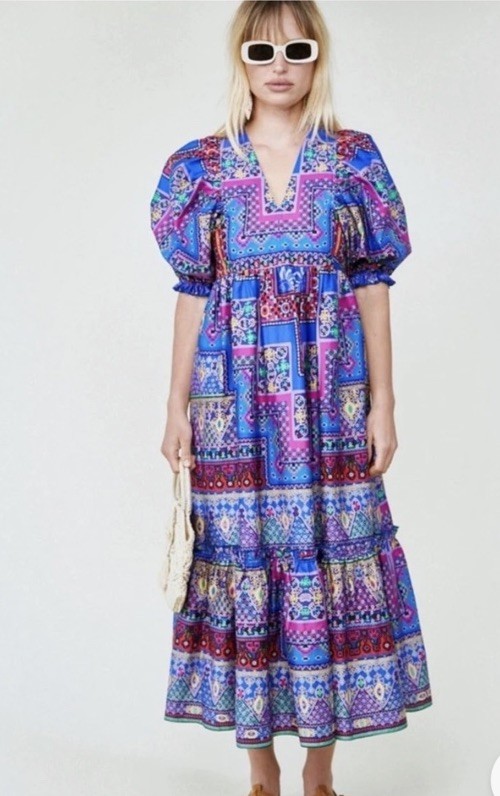 Hunter Bell Palmer Dress Puff Sleeve Midi Multi Talavera Patchwork Sz Small EUC
