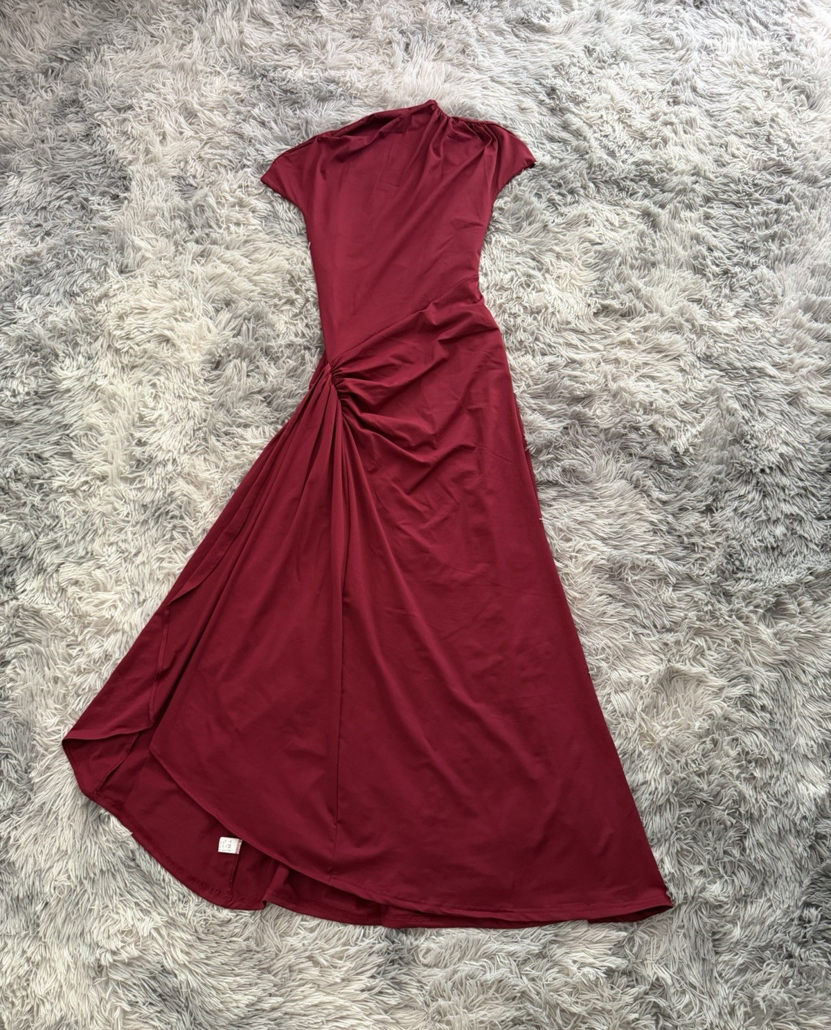 Red Knit Mock Neck Ruched Slit Cap Sleeve Long Maxi Dress Pullover Size M