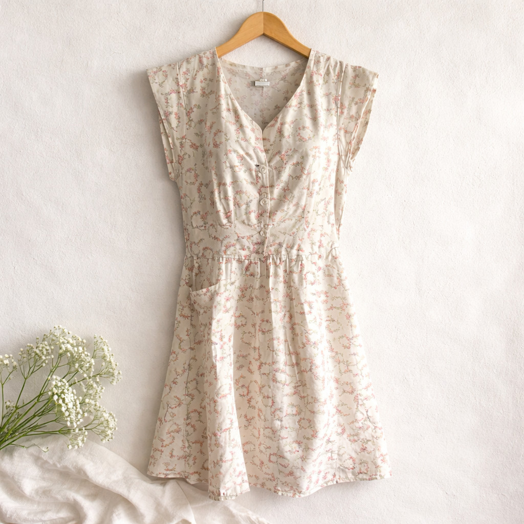 Vintage 1940s Feedsack Dress Pink Floral Garland Cottagecore Farmhouse Size S