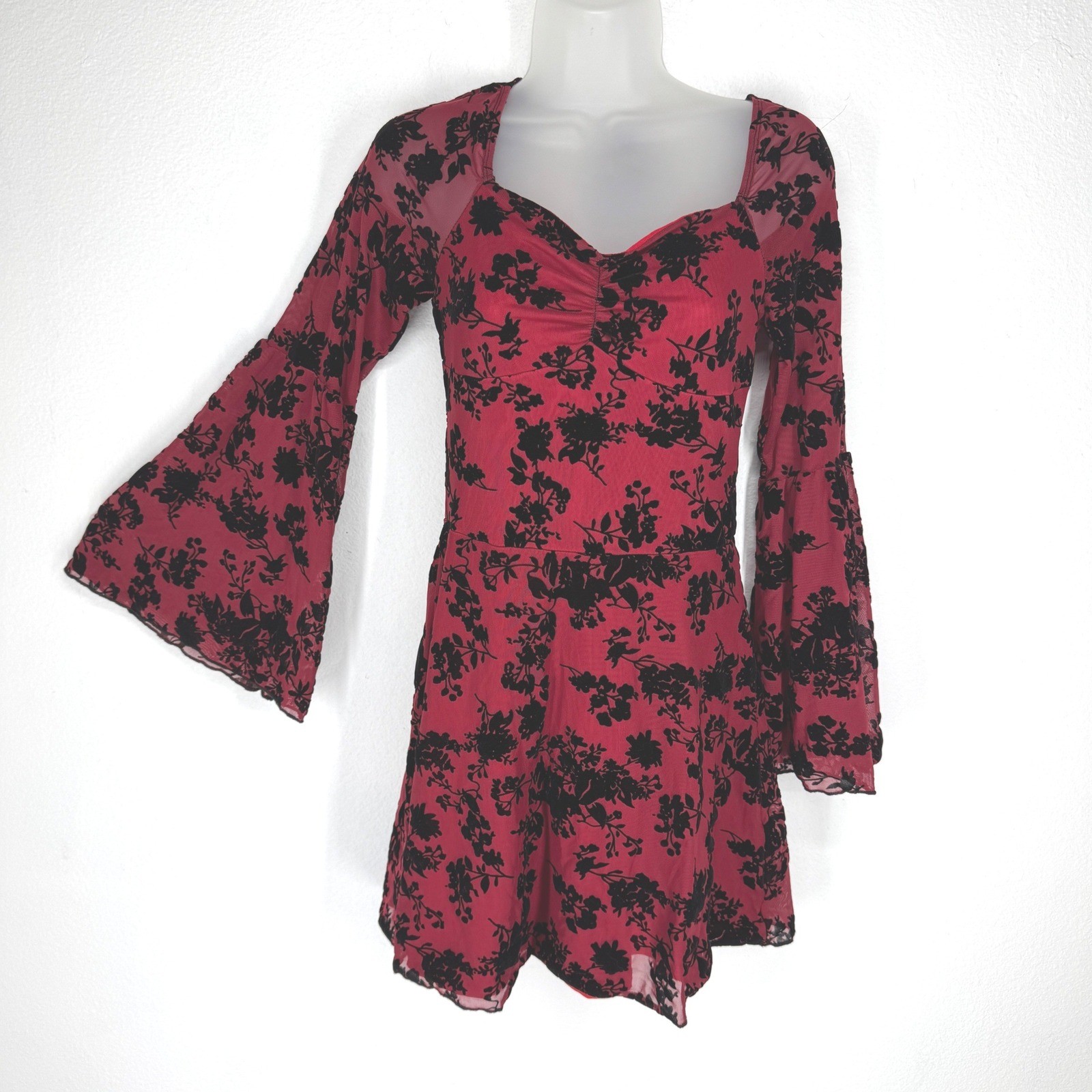 Floral Flocked Burnout Velvet Mesh Bell Sleeve Mini Dress XS Gothic Sweetheart