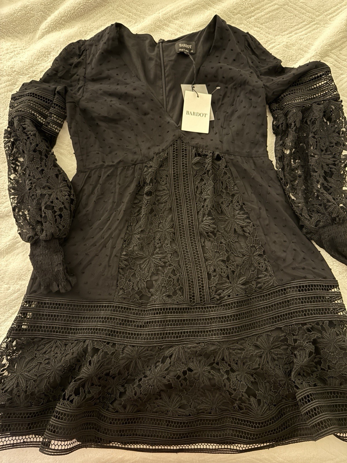 NWT Bardot Black Cotton Lace Textured Dress Women’s AUS/UK 12 US 8 Long Sleeve
