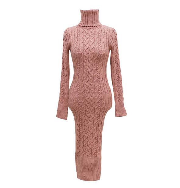 Women Autumn Winter Slim High Neck Long Sleeves Long Dress Knitted Sweater Dress