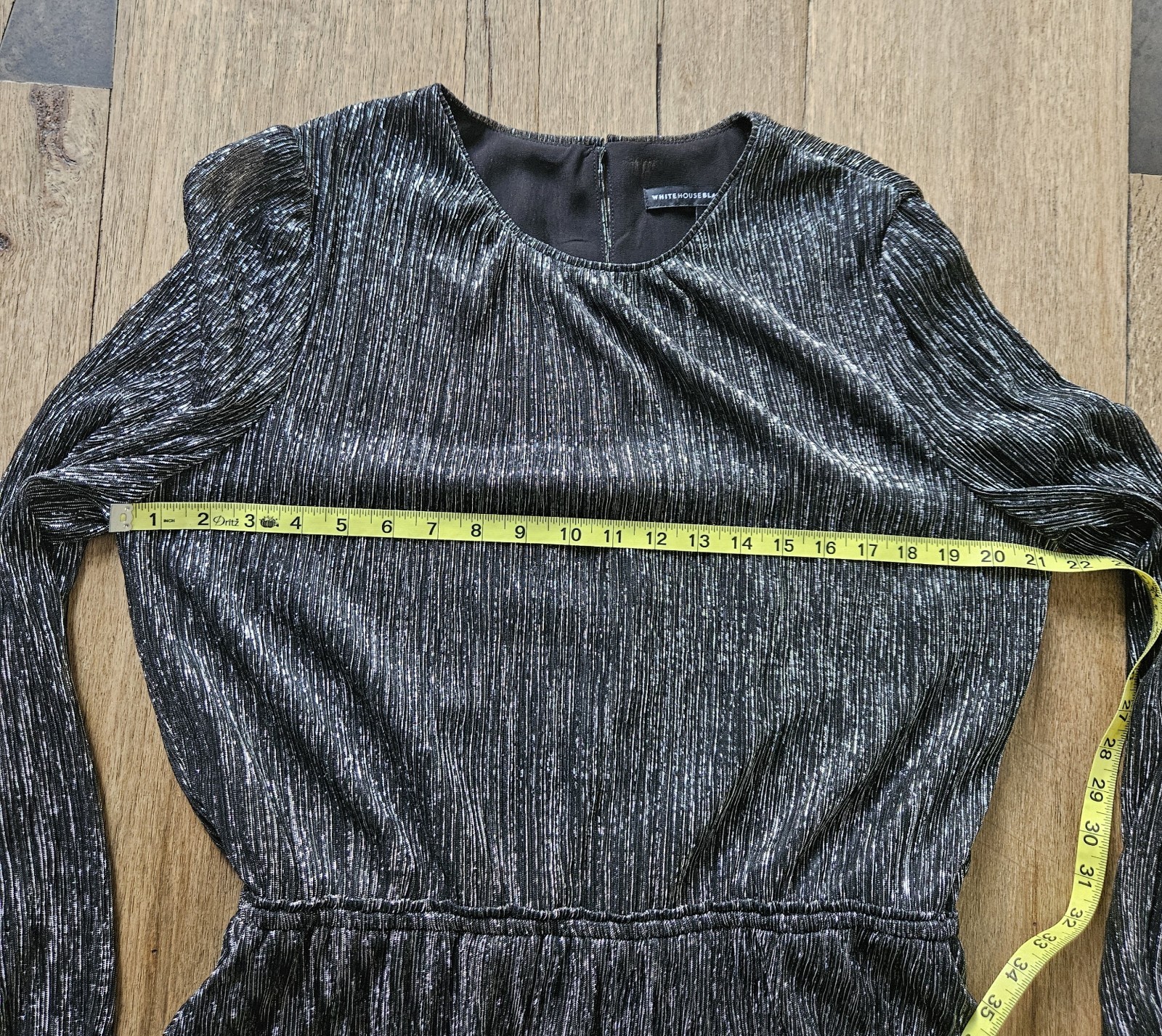 White House Black Market Metallic Pleated Fit & Flare Dress L Silver Black