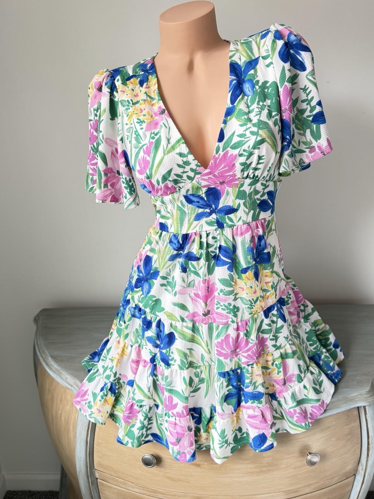 B Darlin Mini Dress S 5-6 Flutter Floral Bloomcore Soft Girl Fit Flare V Cottage