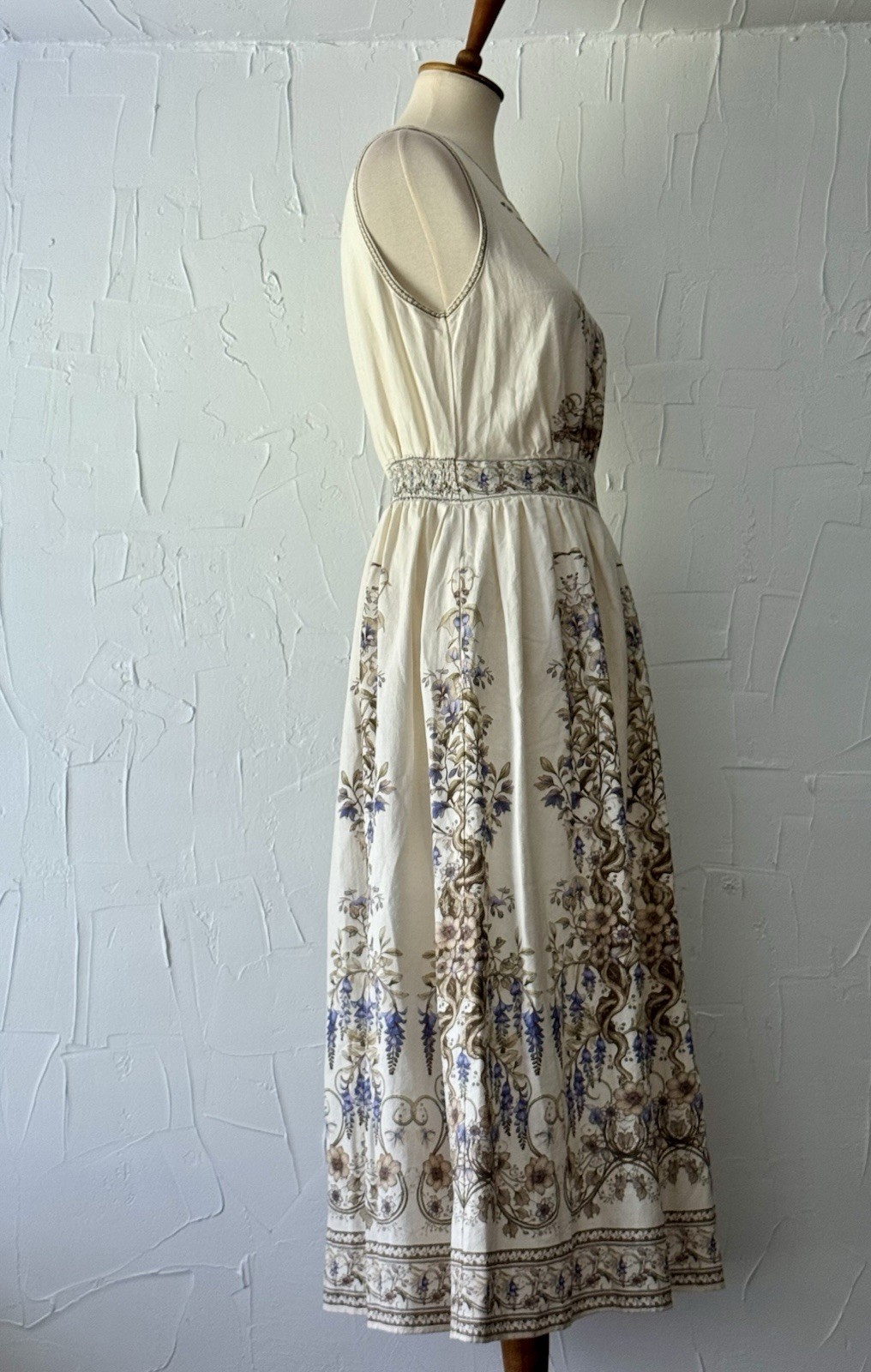 Max Studio London Floral Rayon Linen Dress Sz M Sleeveless Midi Cream Blue