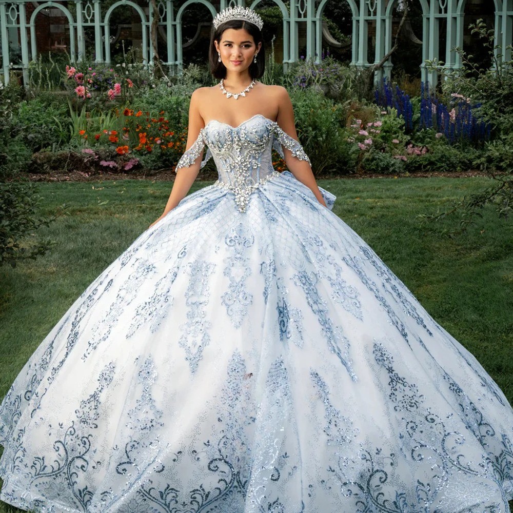 Light Blue Quinceanera Dresses Off Shoulder Lace Appliques Sweet 16 Ball Gowns