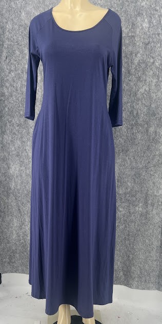 Jacansi Blue Tan M Solid Women’s 3/4 Sleeve Scoop Neck Polyester Cotton Dress