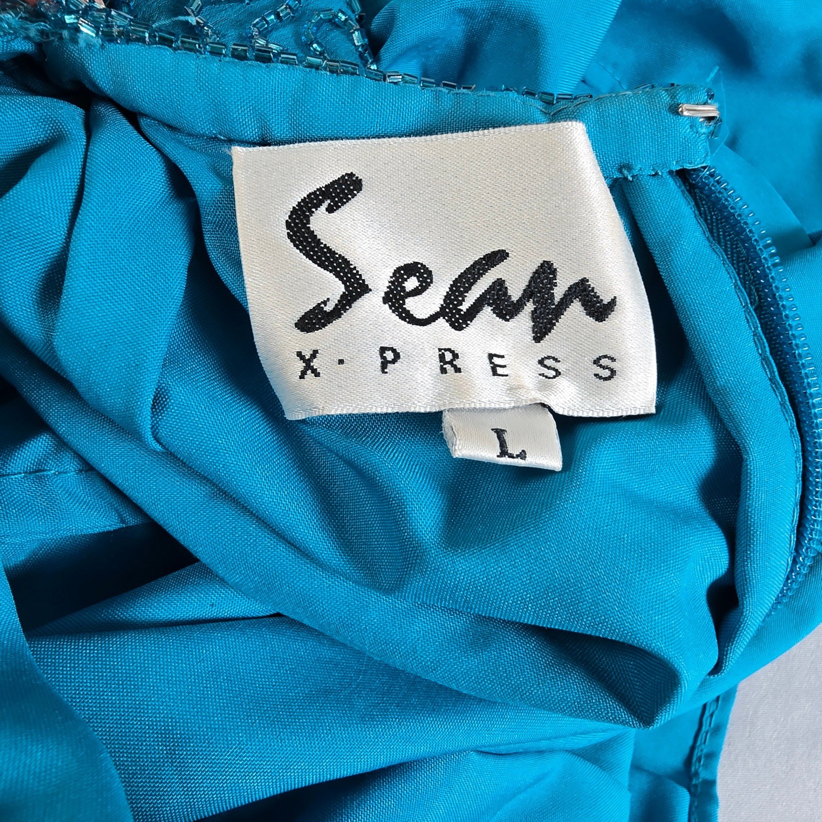 Sean X-Press Teal Blue Beaded Silk Halter V-Neck Maxi Evening Gown Dress Large