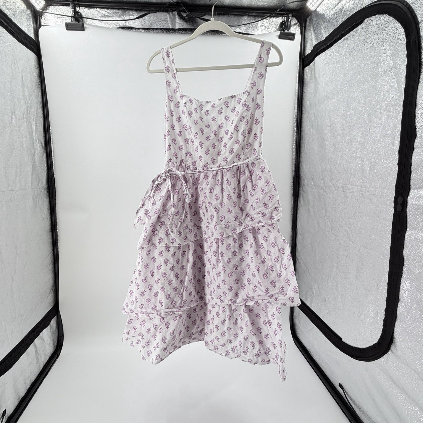 J.CREW White Purple Floral Smocked Square Neck Sundress belted tiered