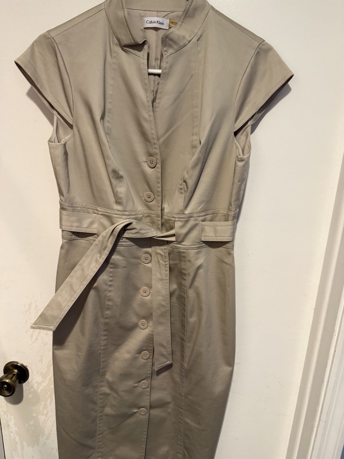 Calvin Klein Beige Tan Linen Rayon Belted Button Down Dress Sz 10
