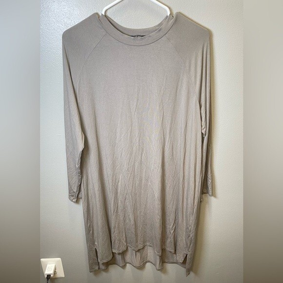 Eileen Fisher Women’s Jersey Crew Hi Low Slit Hem Dress Color Sand Size Large
