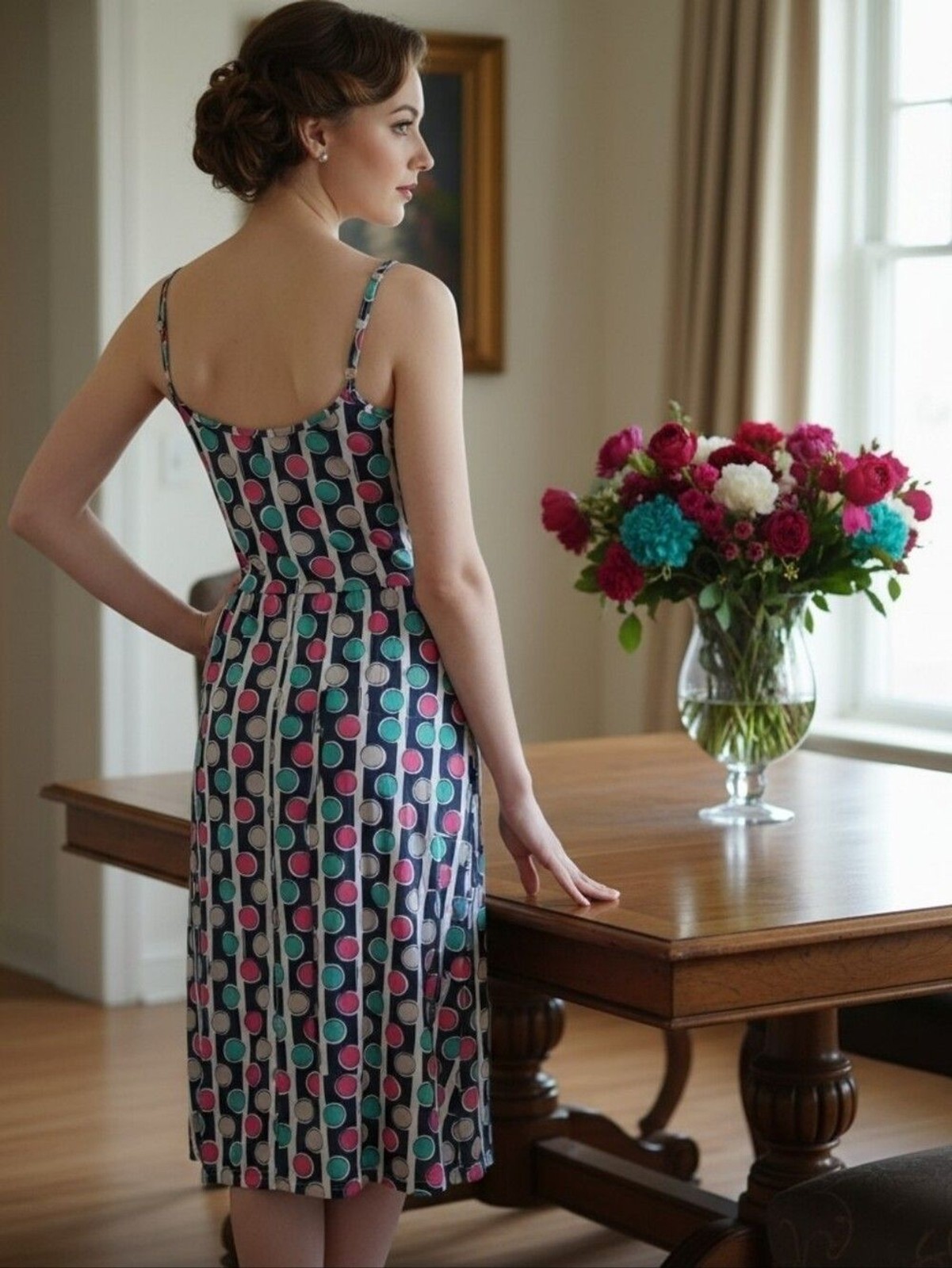 Kilig Colorful Polkadot & Stripes Bold Artistic Print Midi Dress Size Large