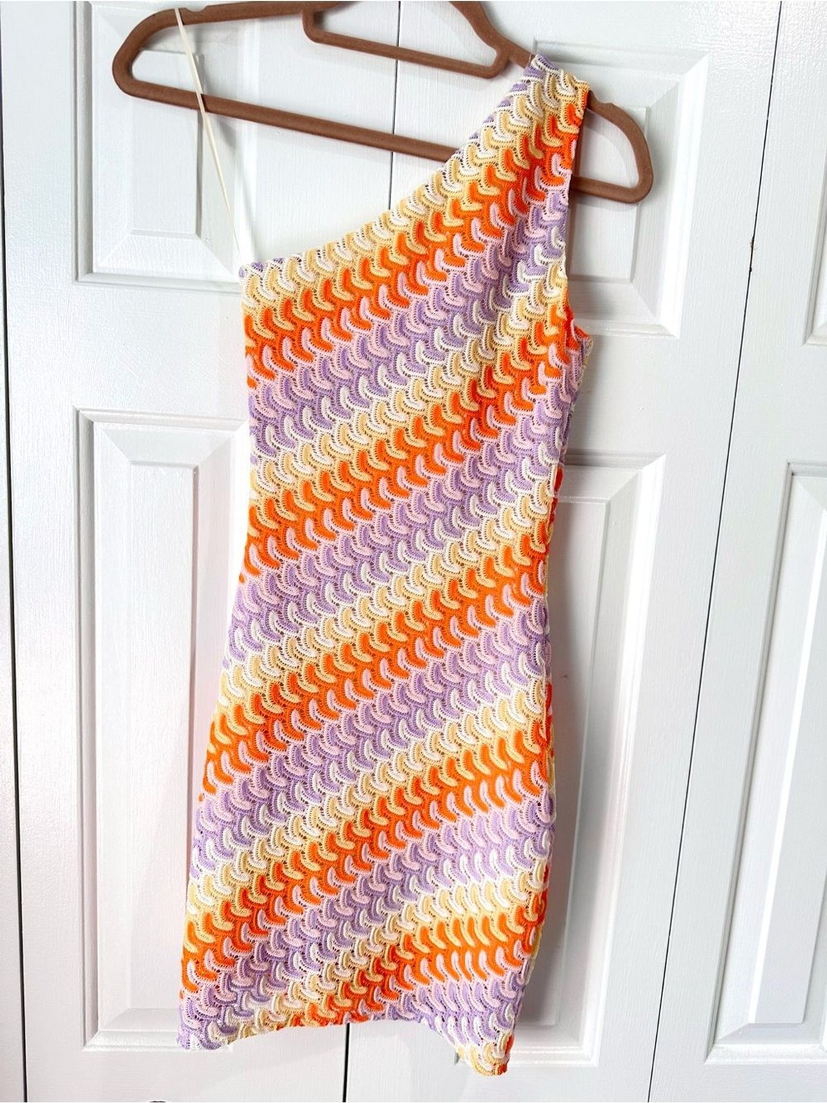 Altar’d State One-Shoulder Mini Dress in Crochet Bright Stripes Size XS