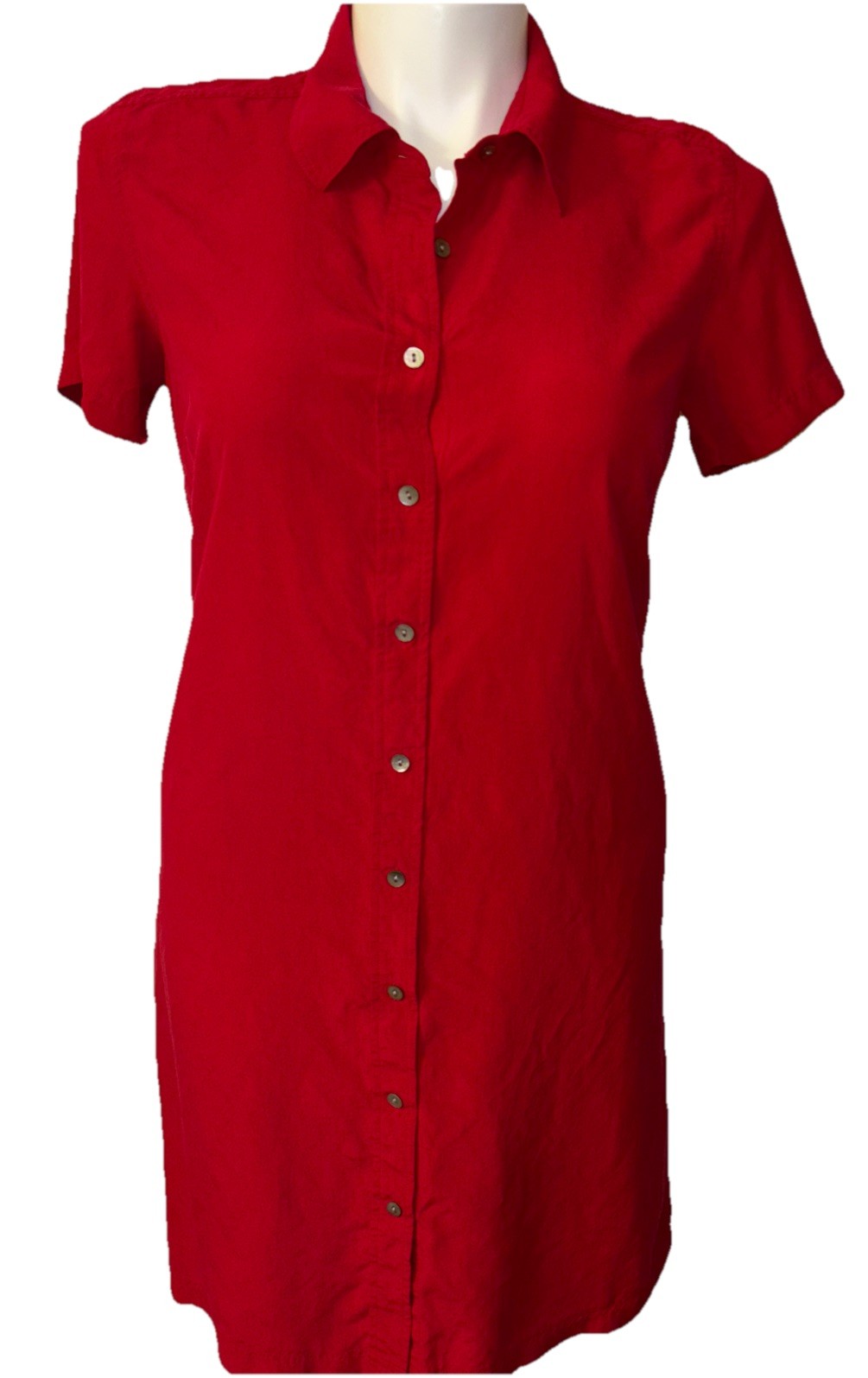 NY & Co 100% Silk Red Button Front Shirt Dress Size 14 Short Sleeve