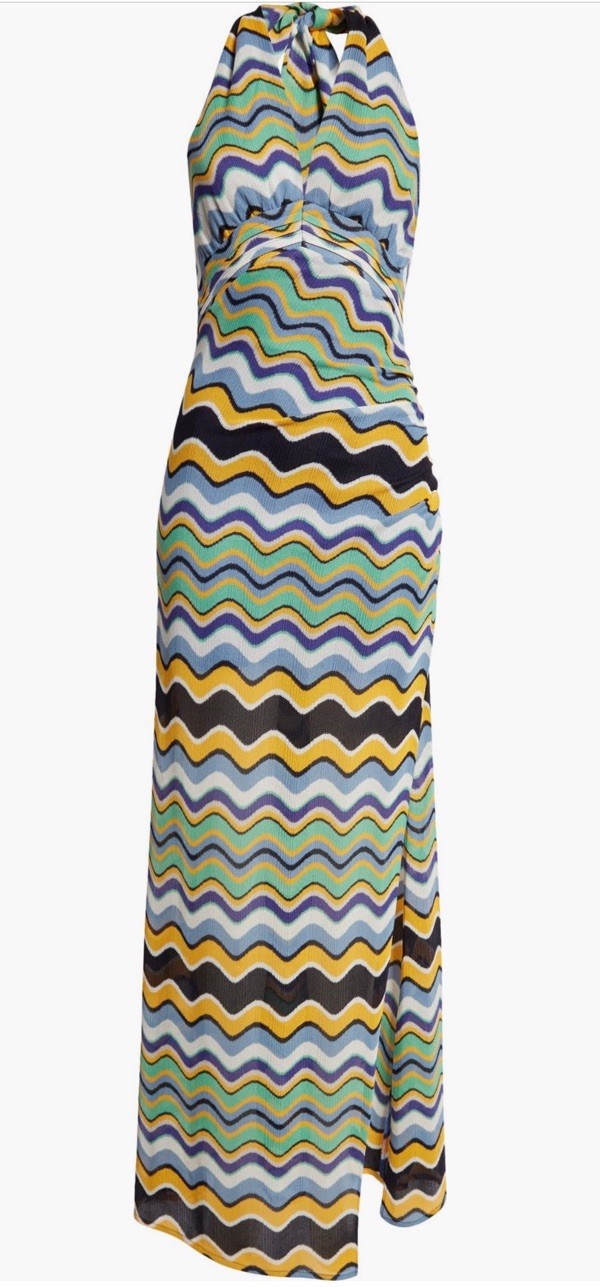 NWT Ramy Brook Alia Wave Jacquard Halter Dress Size 0 Blue Yellow Knit Maxi $495