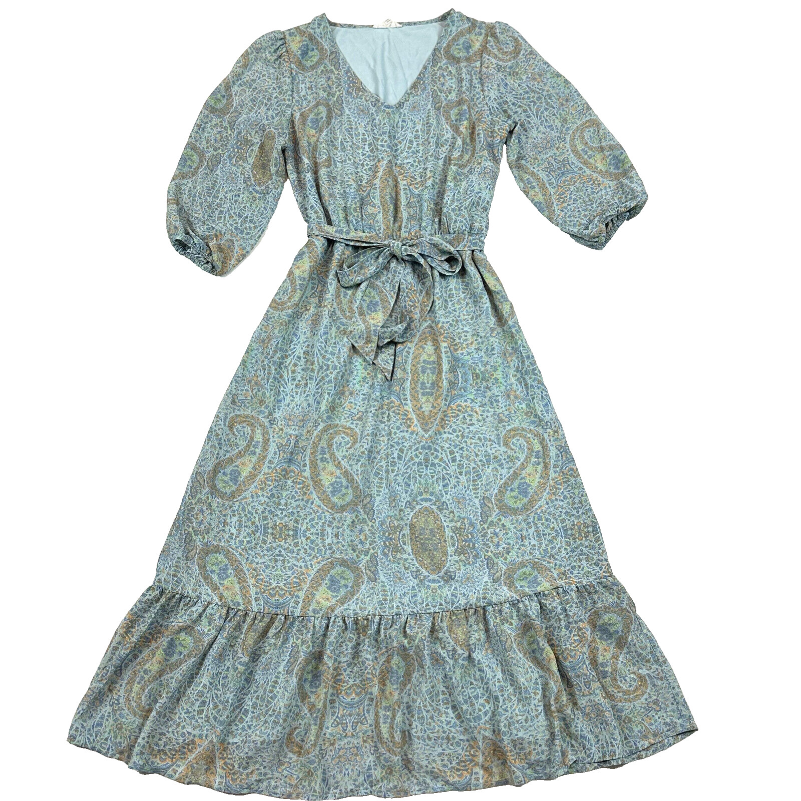 Jane Delancey Womens sz S Dress Medium Aqua Blue Paisley Sheer Lined Modest Midi