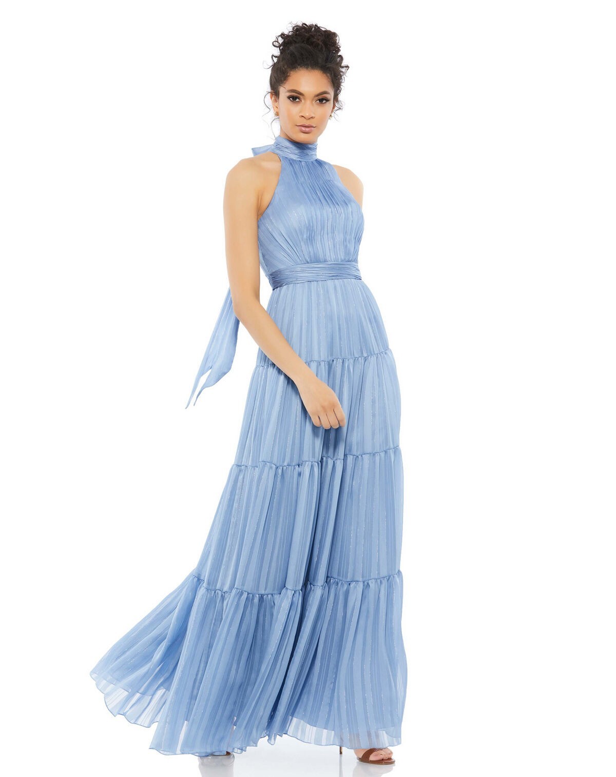 Mac Duggal Slate Blue Pleated Bodice Tiered Tie Neck Halter Gown Size 10 $298