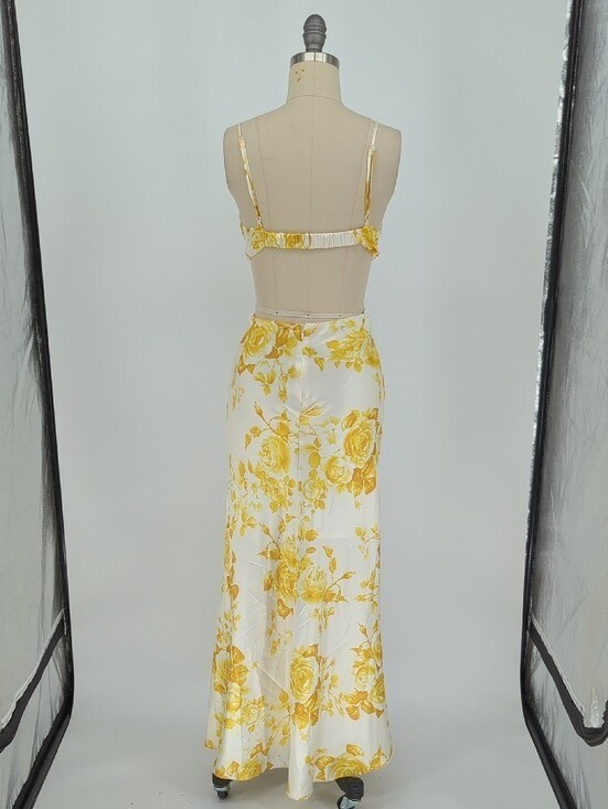 00556 All About May Floral Satin Midi Dress Yellow size 2 sexy evening wedding