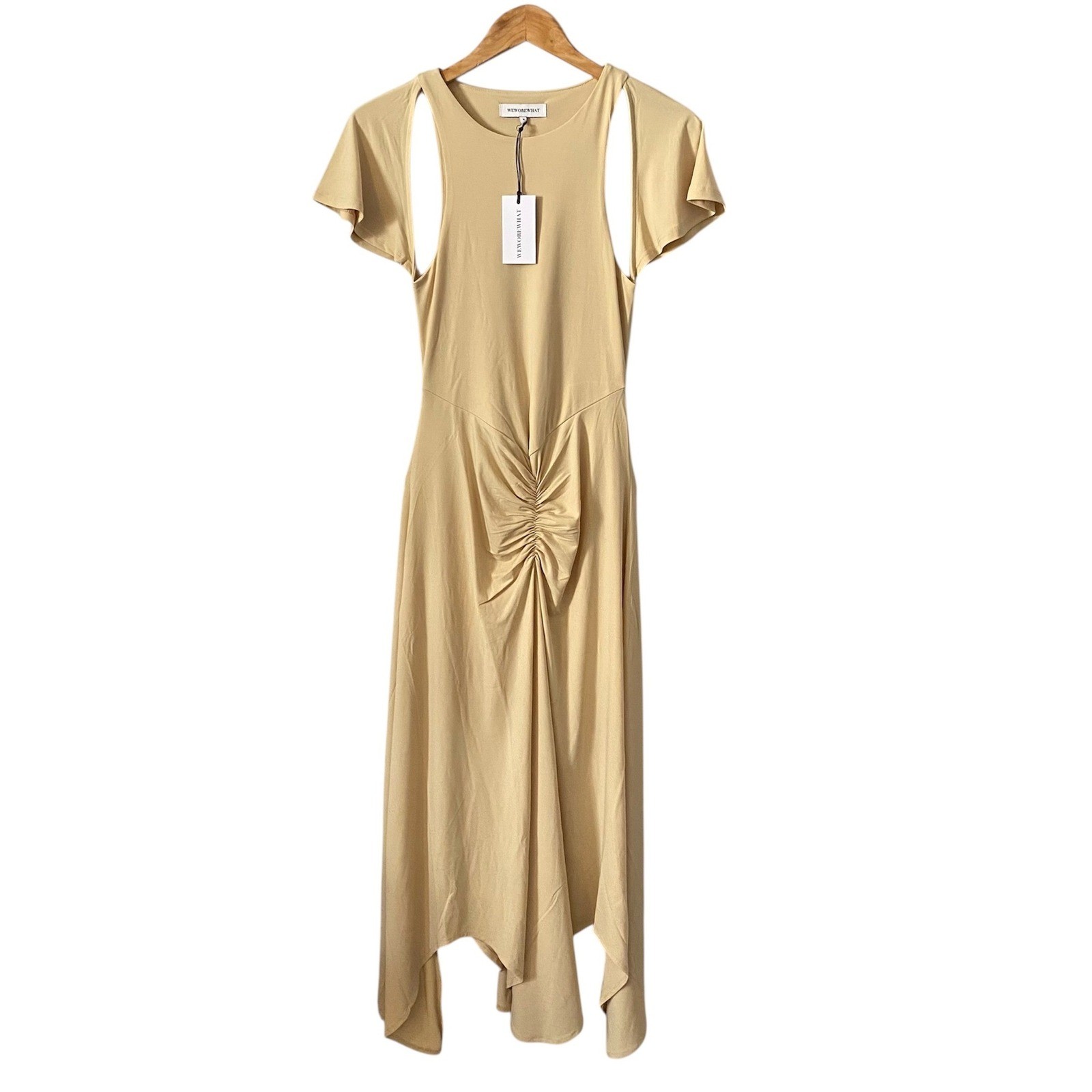 WeWoreWhat Womens Gold Ruched Handkerchief Hem Midi Dress Size Medium