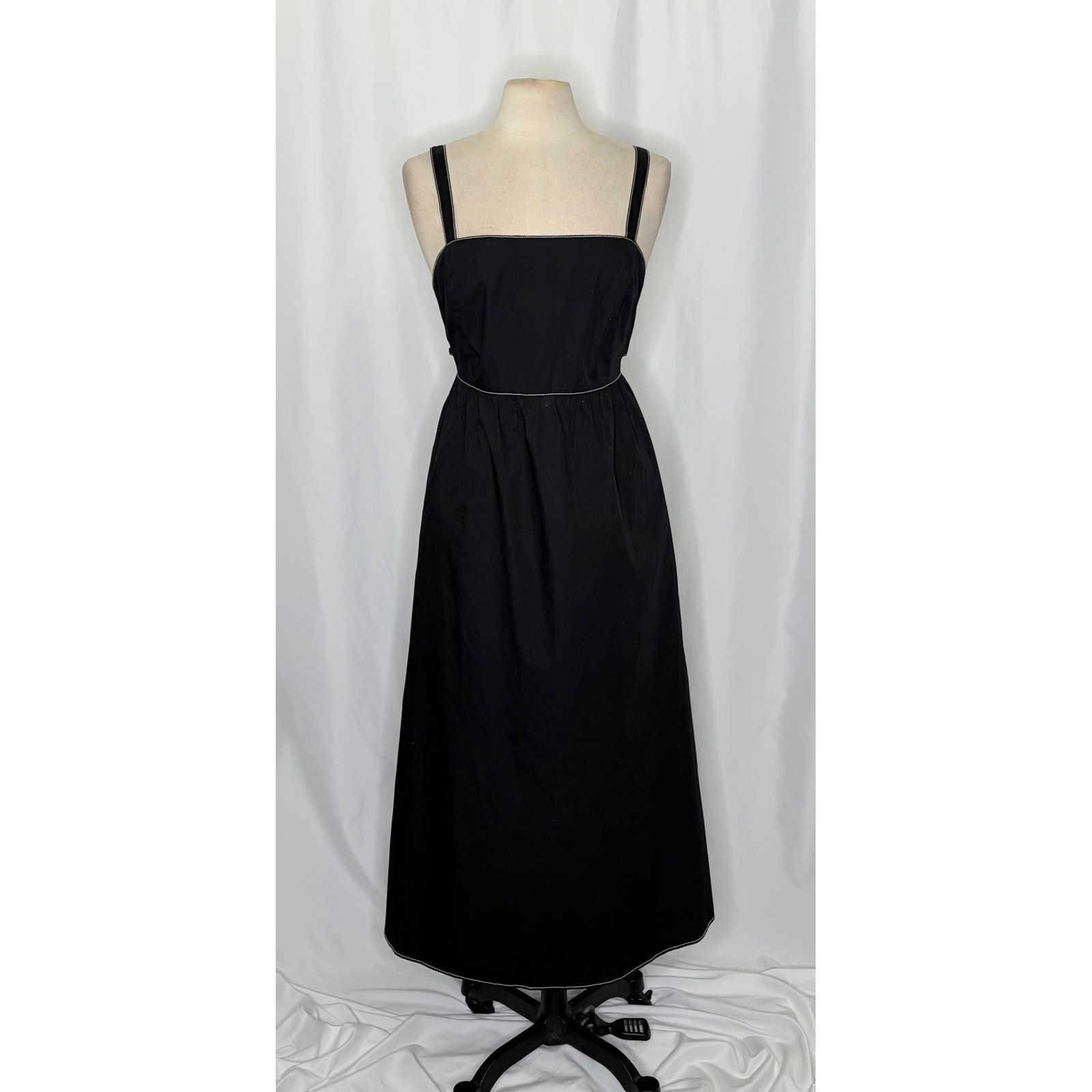 ZARA Luiza Black Midi Dress Tie Back Contrast Stitching Pockets Poplin X-Large