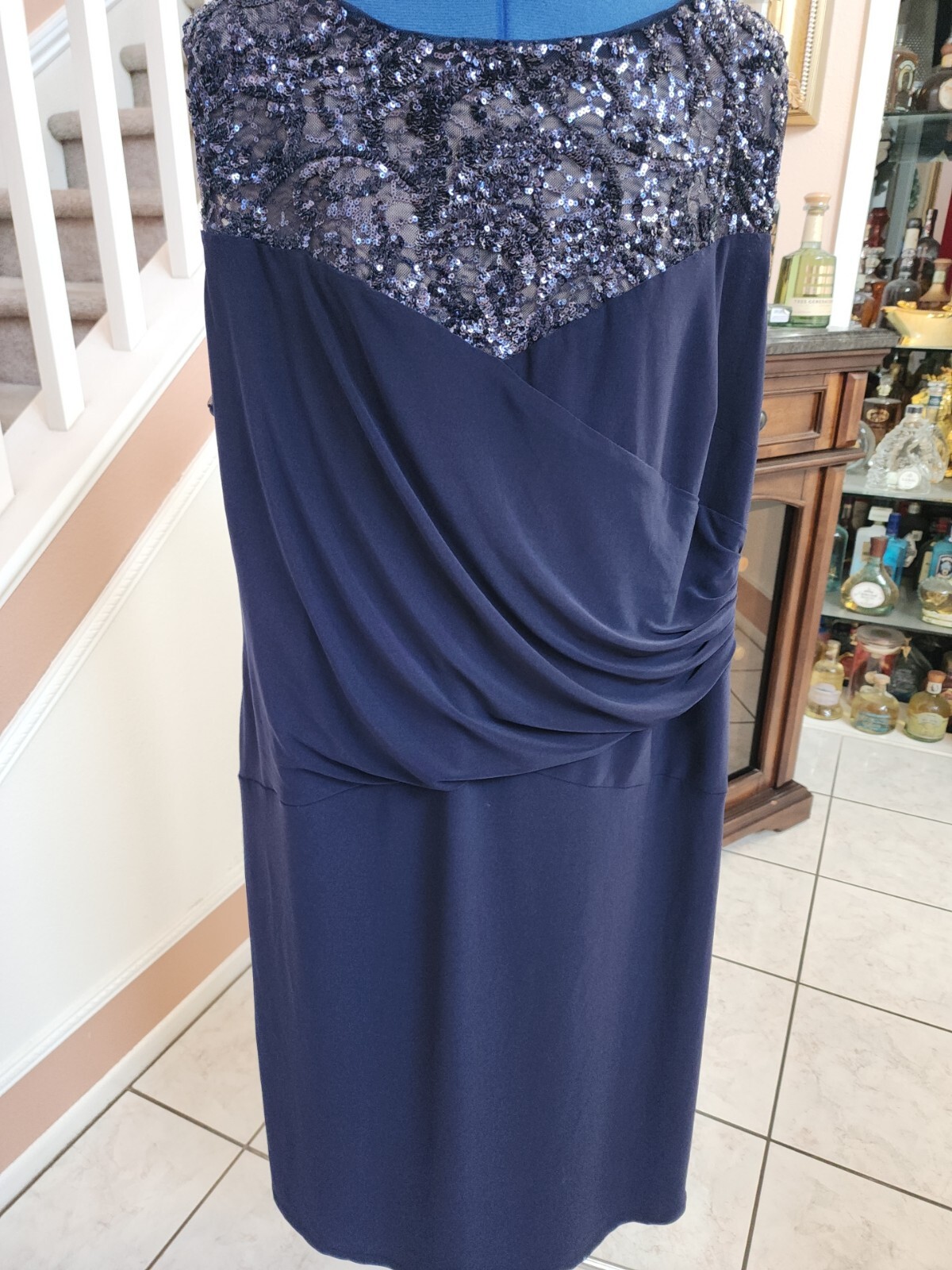 NWT RALPH LAUREN Blue Sequin Round Neck Side Gathered Sleeveless Dress 22W $165