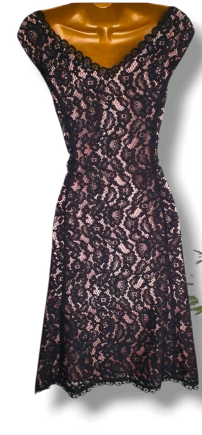 Jacques Vert Black Lace Dress Size 12 Pink Satin Lining Evening Party Cruise