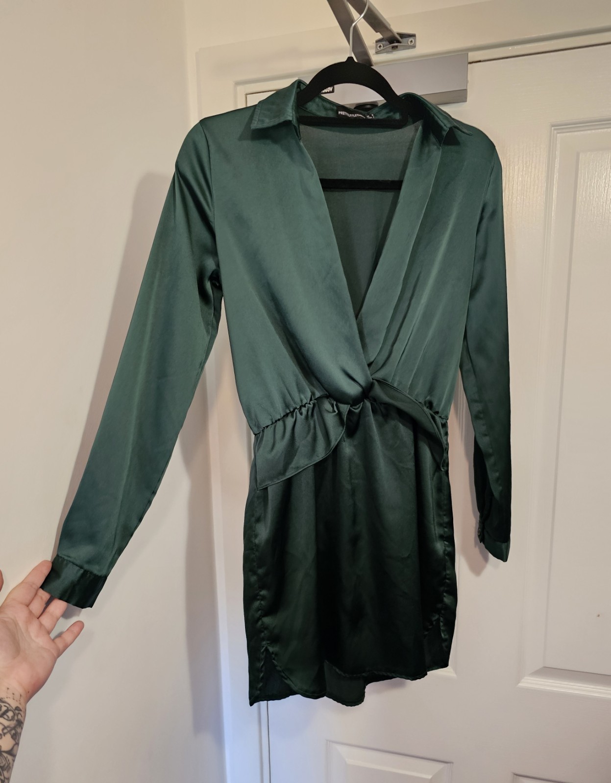 PrettyLittleThing Emerald Green Satin Mini Dress, Size UK 8