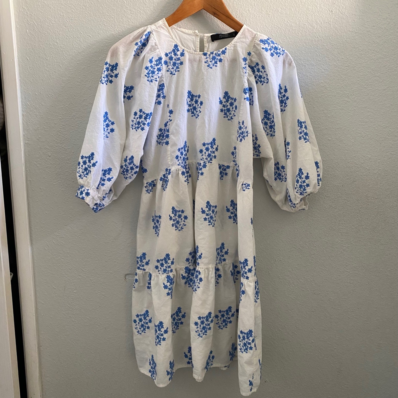 Hallhuber Organic Cotton White Blue Floral Embroidered Puff Sleeve Mini Dress