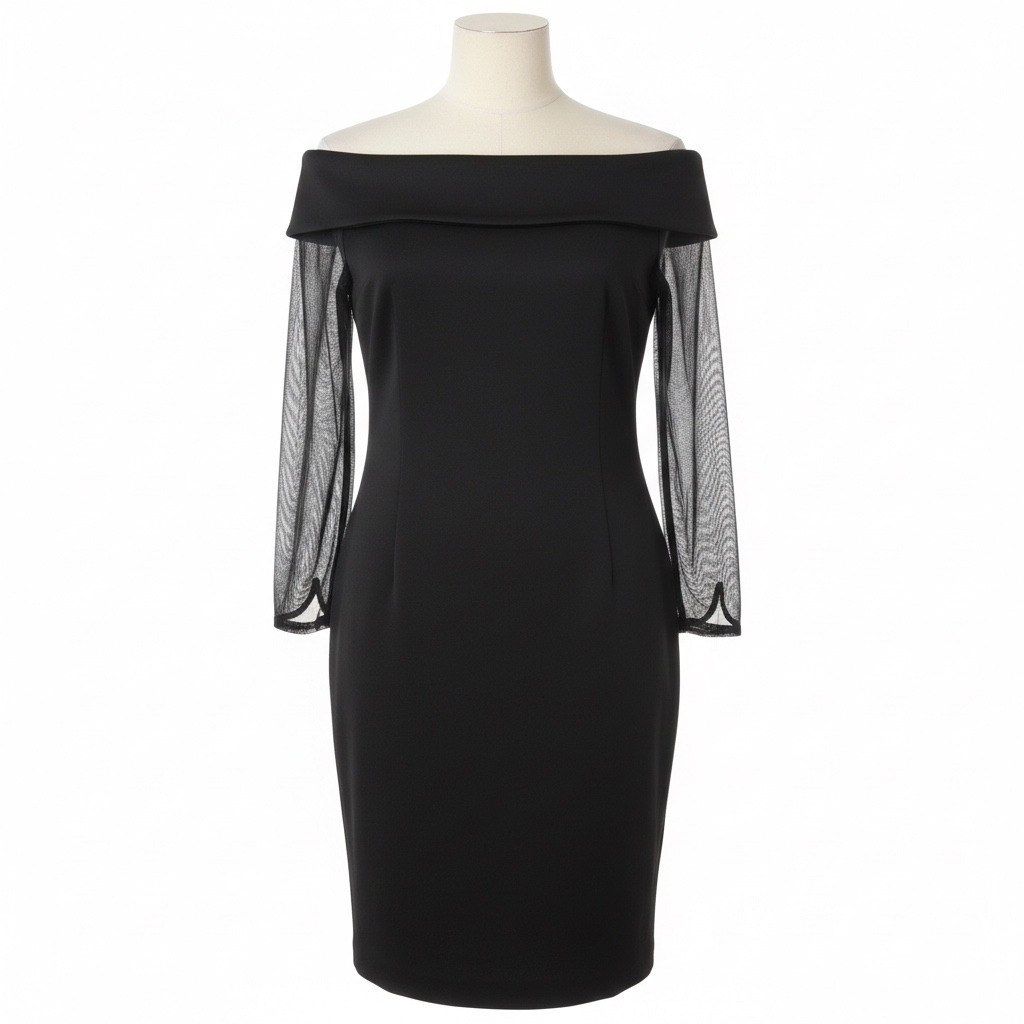 Calvin Klein Dress Womens 10P Black Off Shoulder Mesh Sleeve Classic Elegant