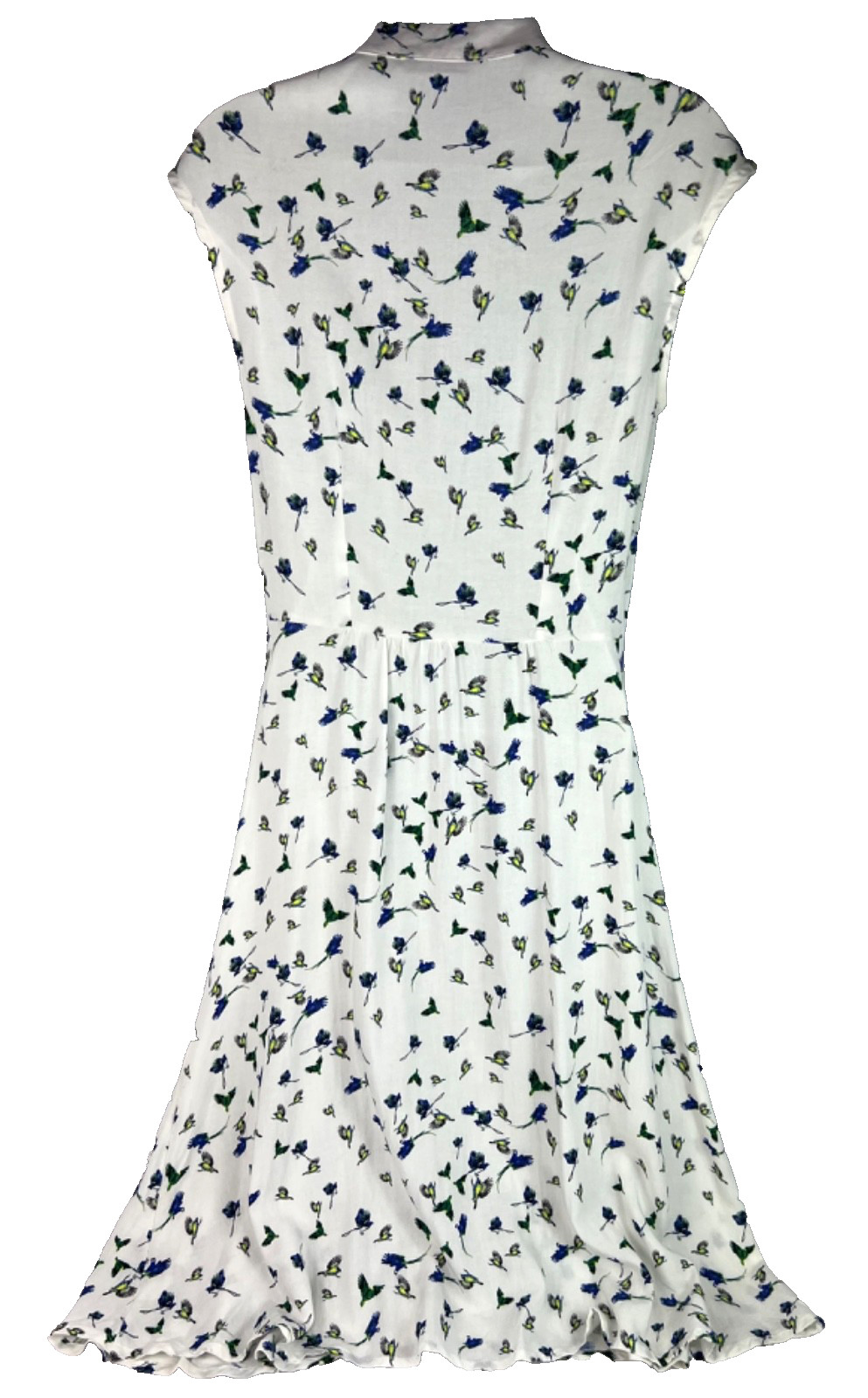 MIDINETTE Dress S? White/Blue Birds Cap Sleeves Stand-up Collar Half Dome Button