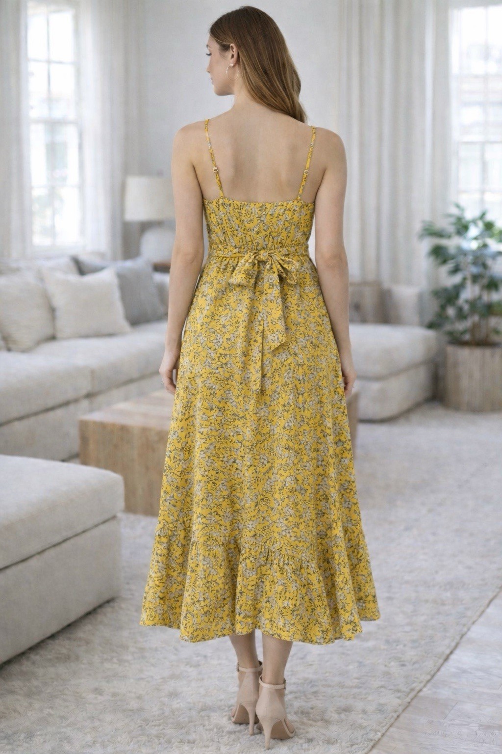 New No Boundaries Babydoll Spaghetti Strap Dress Sz 3-5 Jrs Yellow Floral HH26