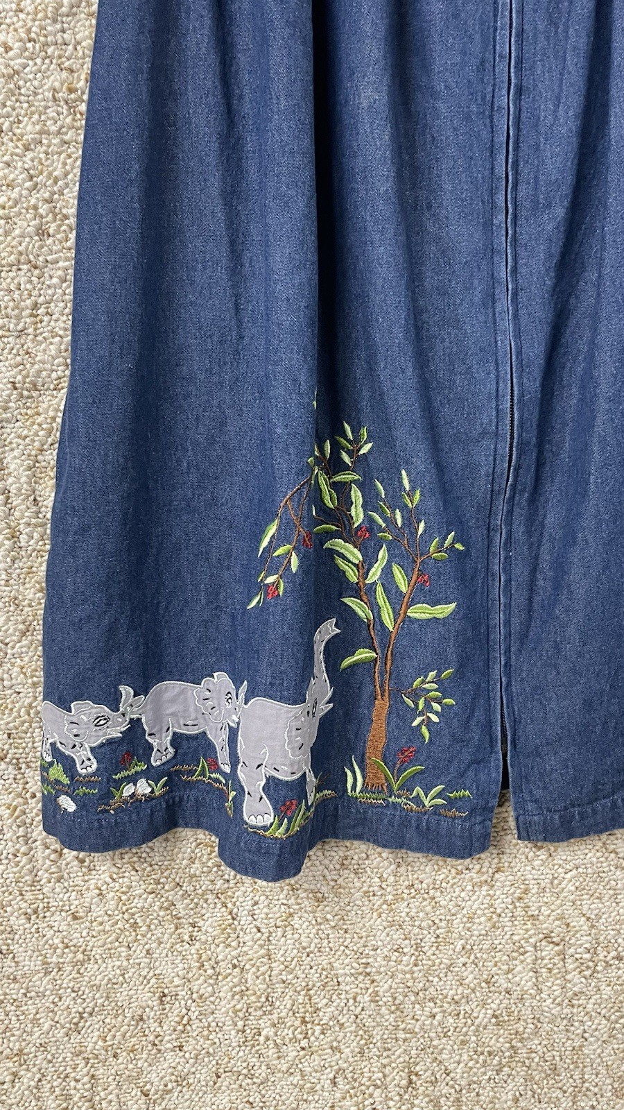 Bechamel Denim Medium Petite Safari Animals Embroidered House Patio Jean Dress