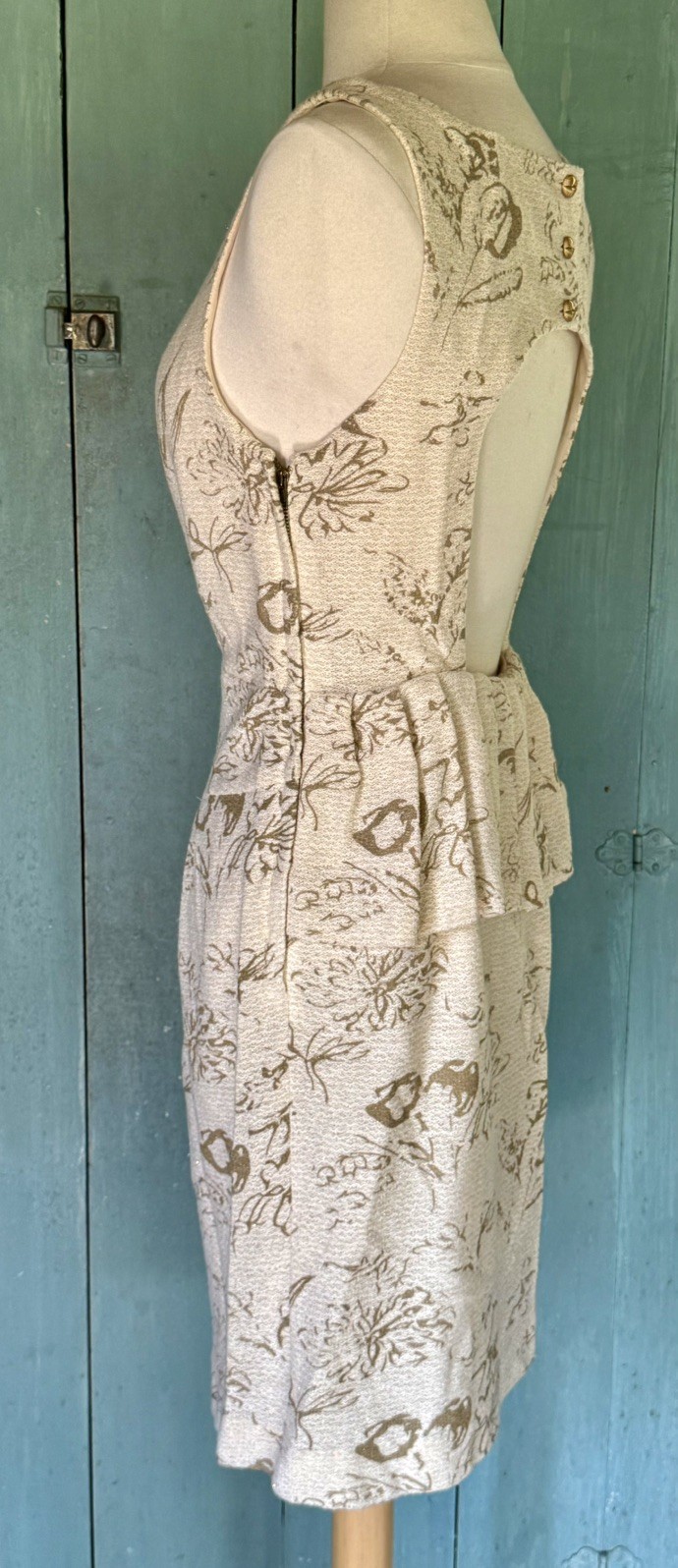 Moulinette Soeurs Sheath Dress Brocade Jacquard Cream Gold Peplum Open Back 6