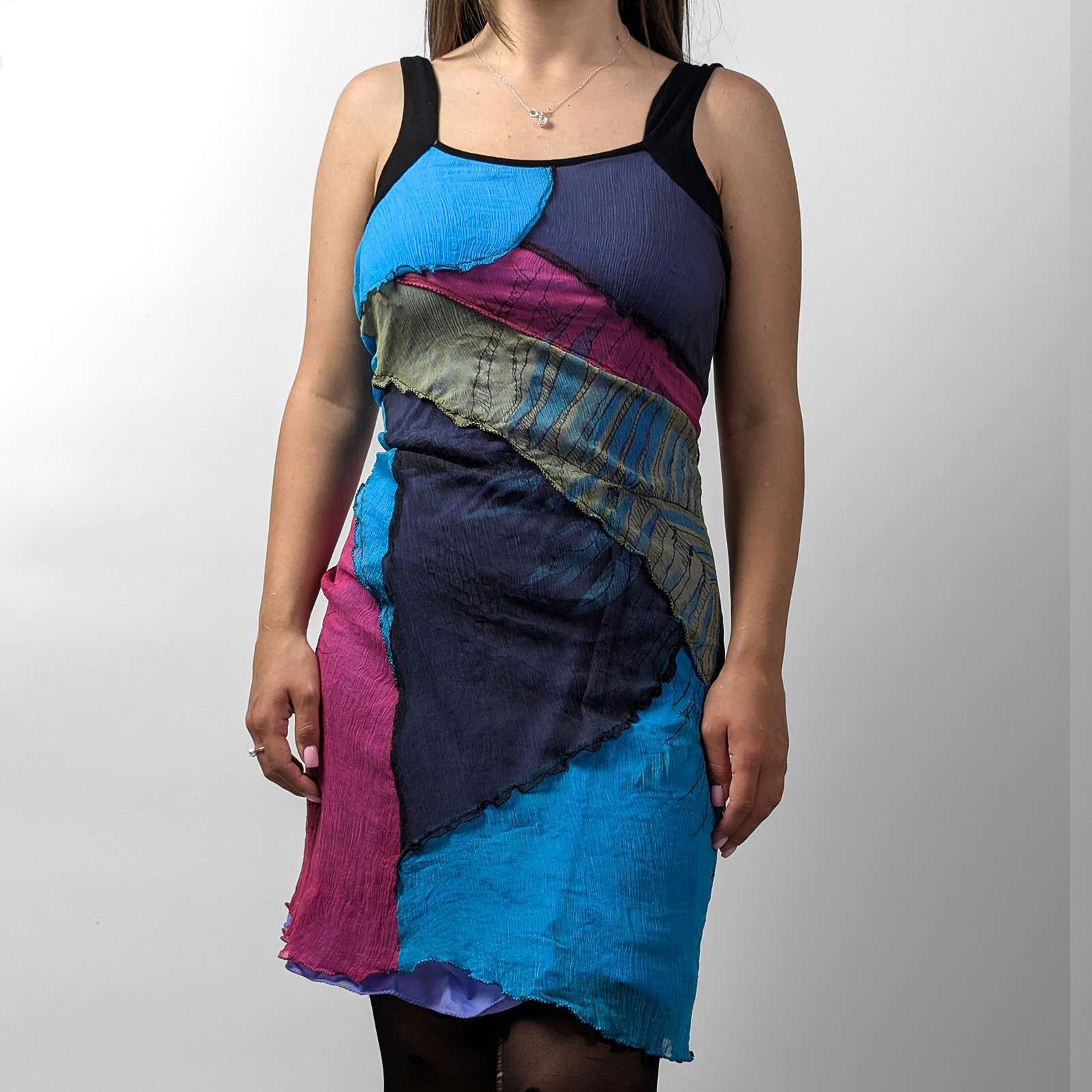 Save the Queen Asymmetric Pleated Y2K Patchwork Multicolor Mesh Short Dress S-M