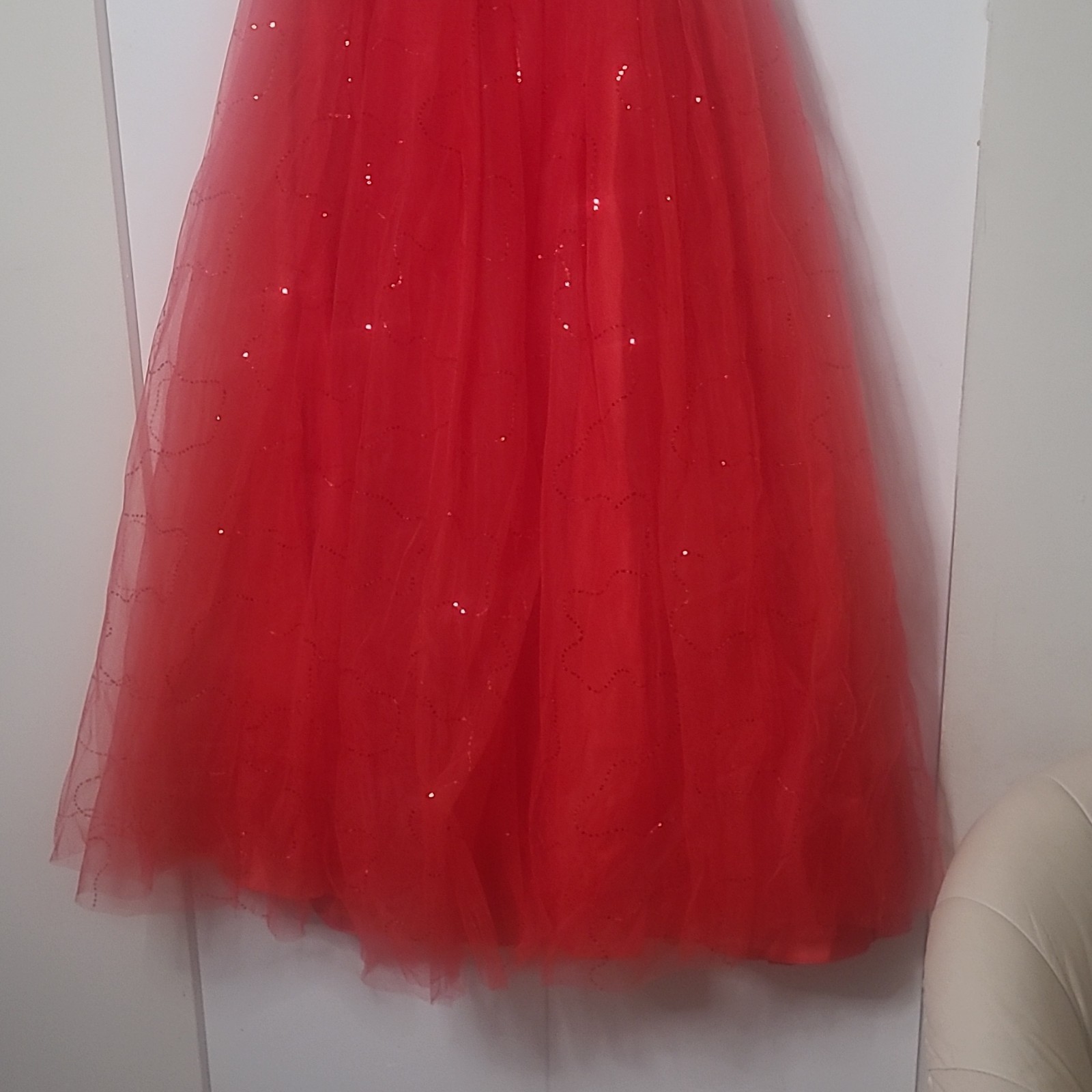 Red Strapless Sweetheart Rhinestone Bow Corset Lace-Up Tulle Long Gown XXL