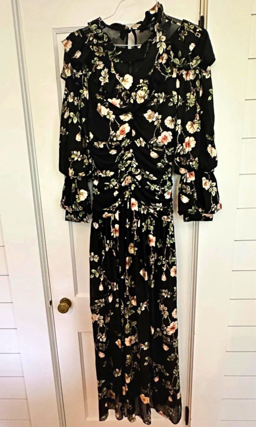 Current Air Black Multicolor Floral Ruched Chiffon V-Neck Midi Dress M