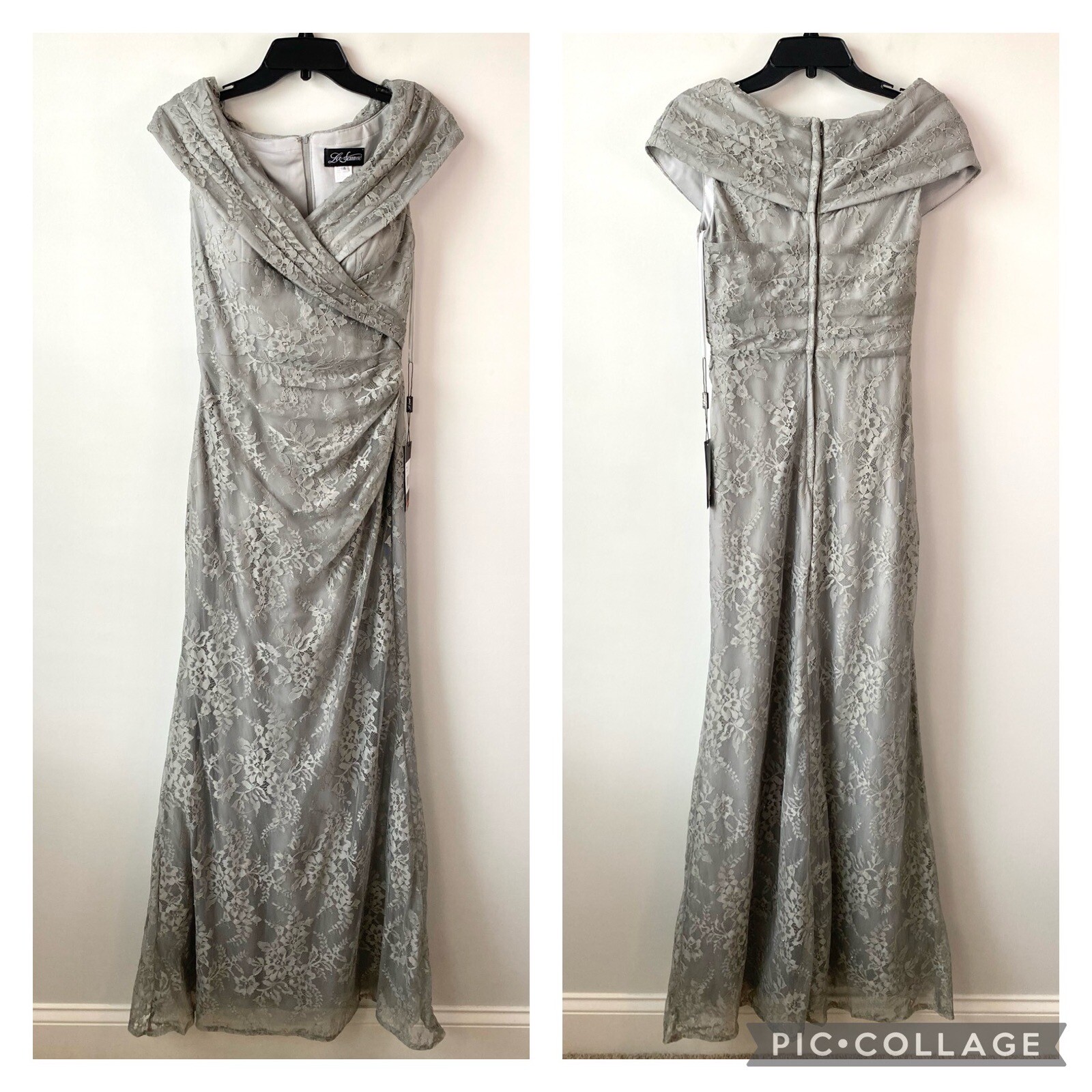 La Femme 27982 Portrait Neck Lace Gown Platinum 4