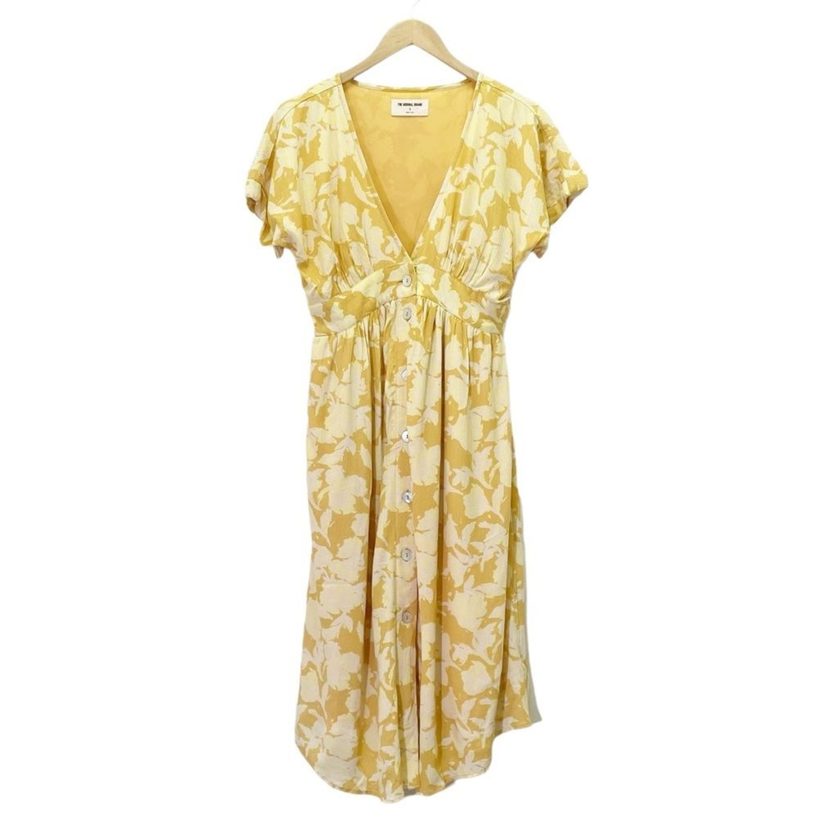 NWT The Normal Brand Ezra Crepe Deep V Button Thru Dress Yellow Size Small NEW