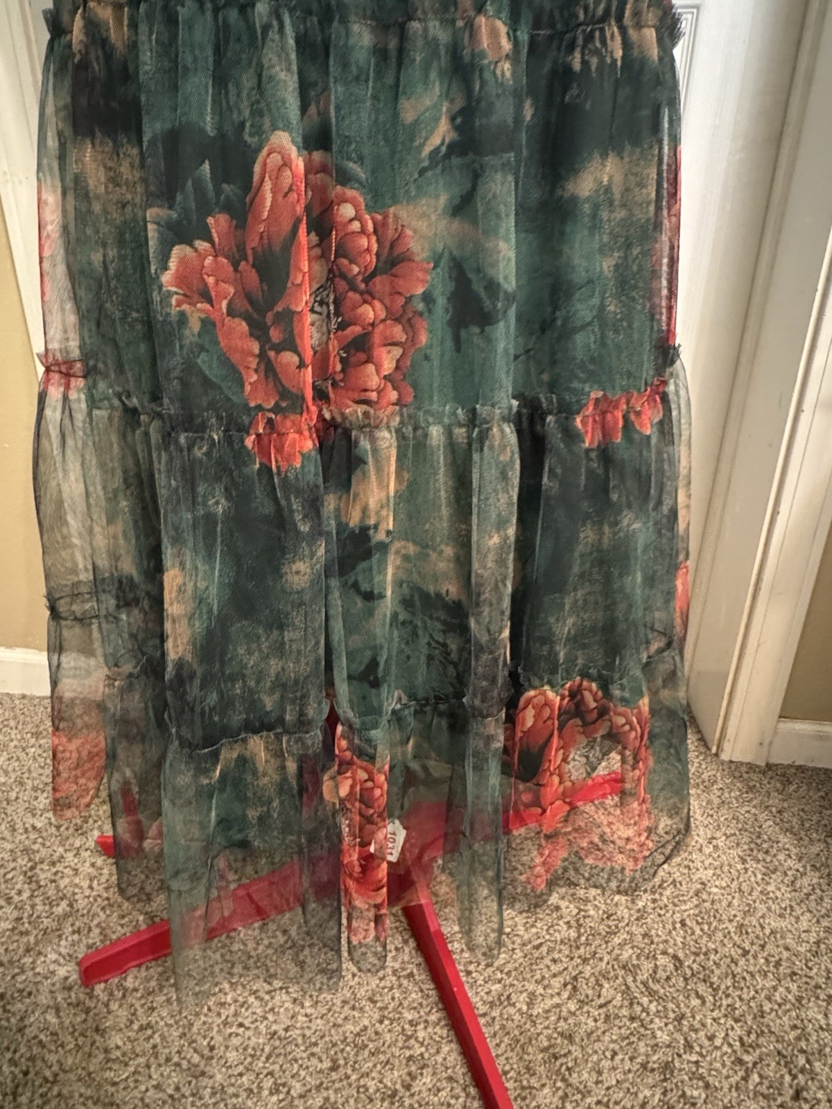 Baltic Born Green Floral Smocked Midi Dress L Tulle Puff Sleeve Cottagecore