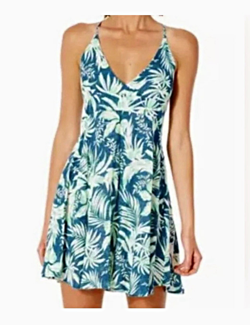 Rip Curl Blue Green Floral V-Neck Smocked Spaghetti Strap Mini Dress Size L