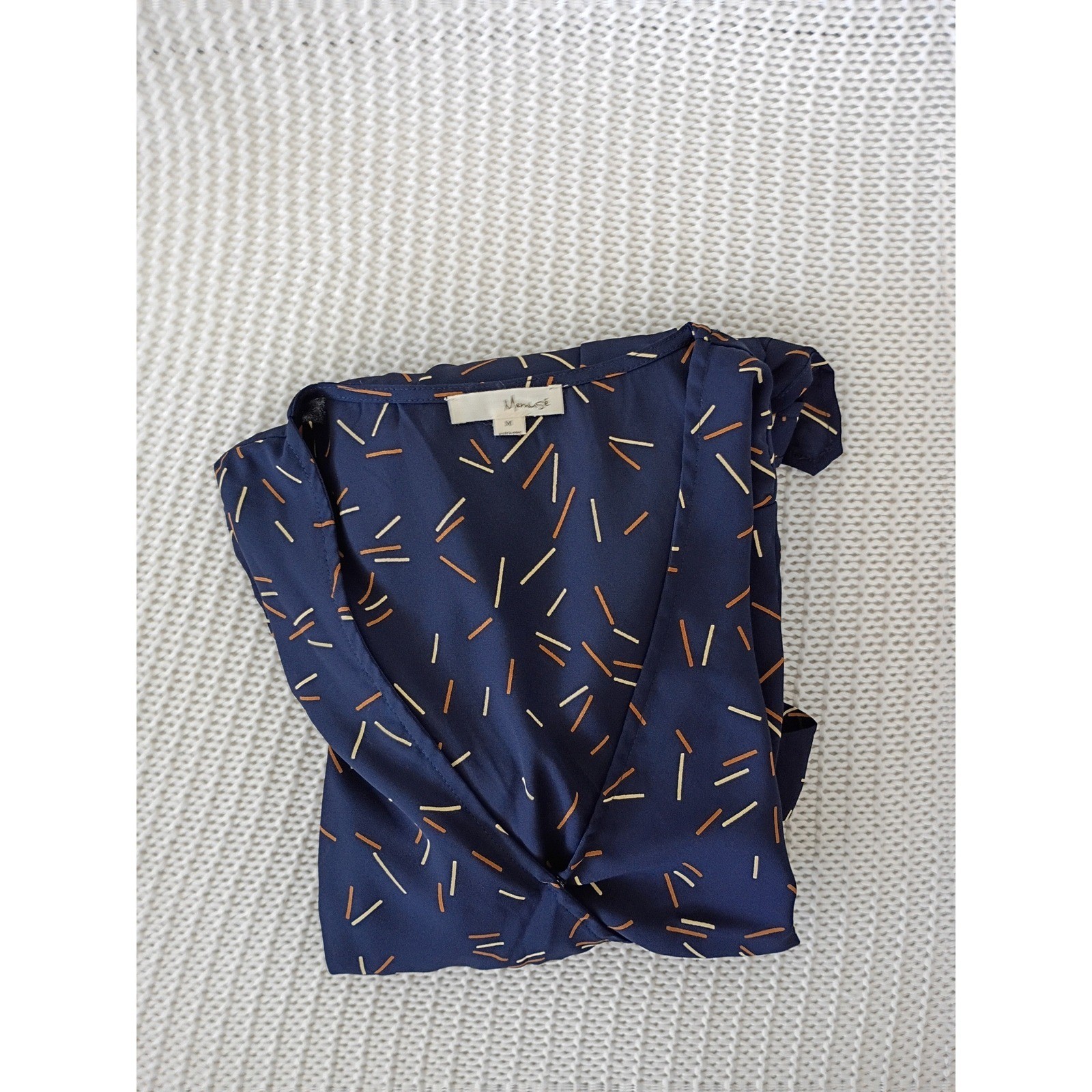 Memuse Whimsical Navy Blue Abstract Print Wrap Mini Dress Short Sleeve S/M NWOT