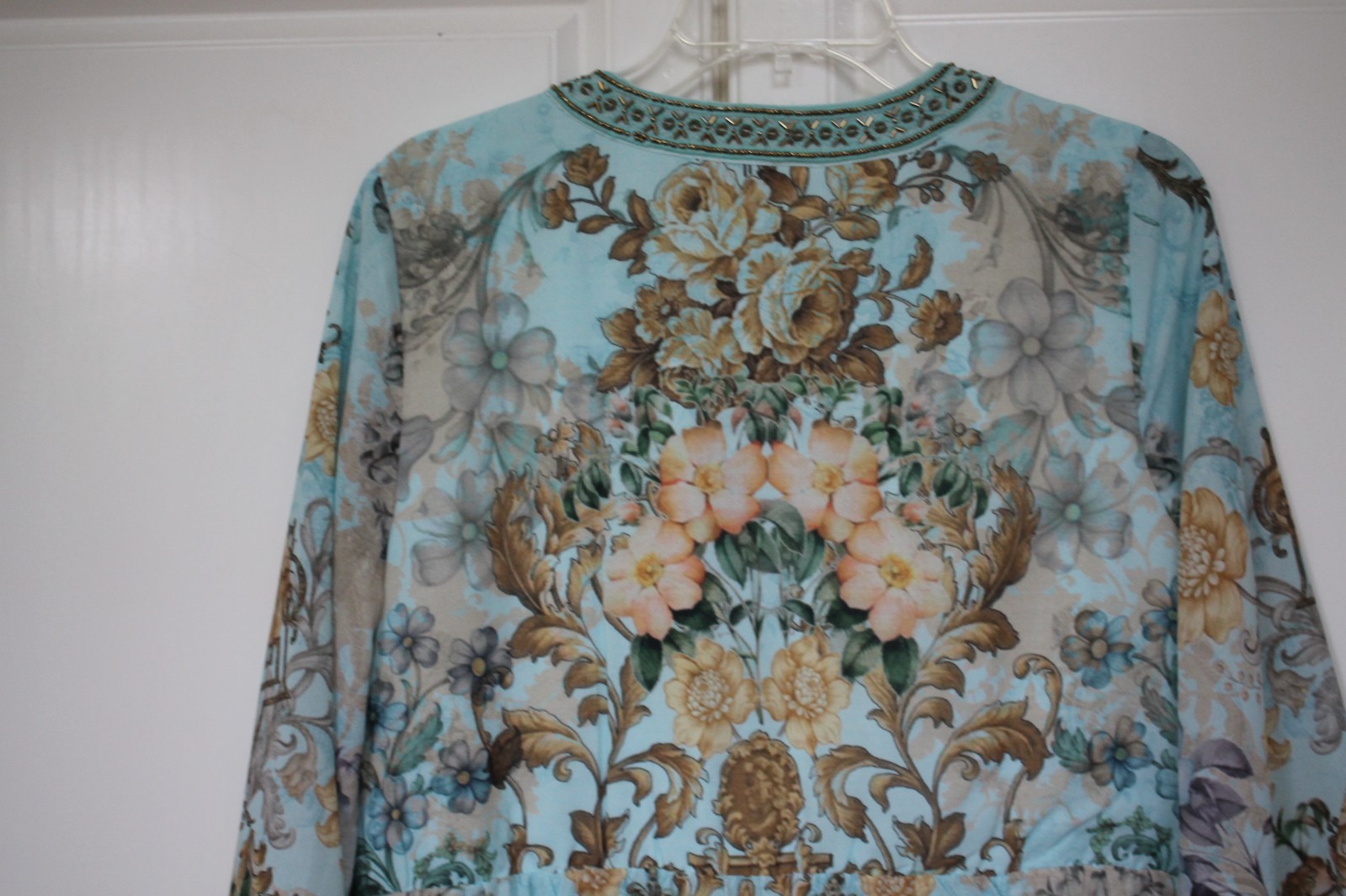 Soft Surroundings Blue Gold Floral Baroque Bead V-Neck Tier Maxi Dress M SUPERB!