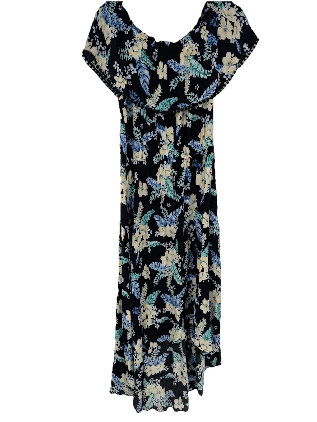 AGB Black Floral Multicolored Dress tropical resort beach high low vacation boho
