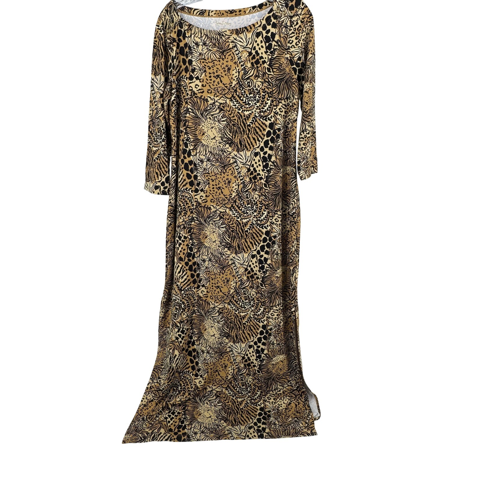 Lilly Pulitzer Maxi Dress Women Large Tan Animal Print Jungle Safari Long Sleeve