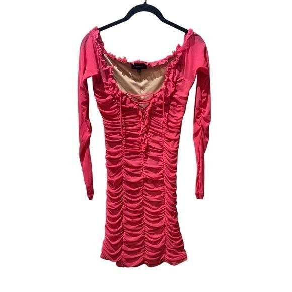 Majorelle Hot Pink Ruched Mesh Mini Dress Long Sleeve Lace Up Ruffle Small