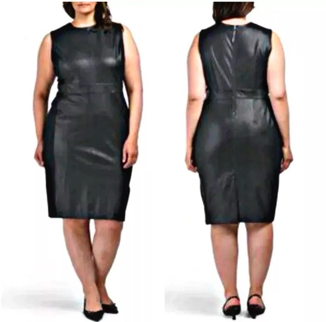 Spanx knee length Faux Leather Combo Shift Bodycon Fitted Dress Black 1X NWT