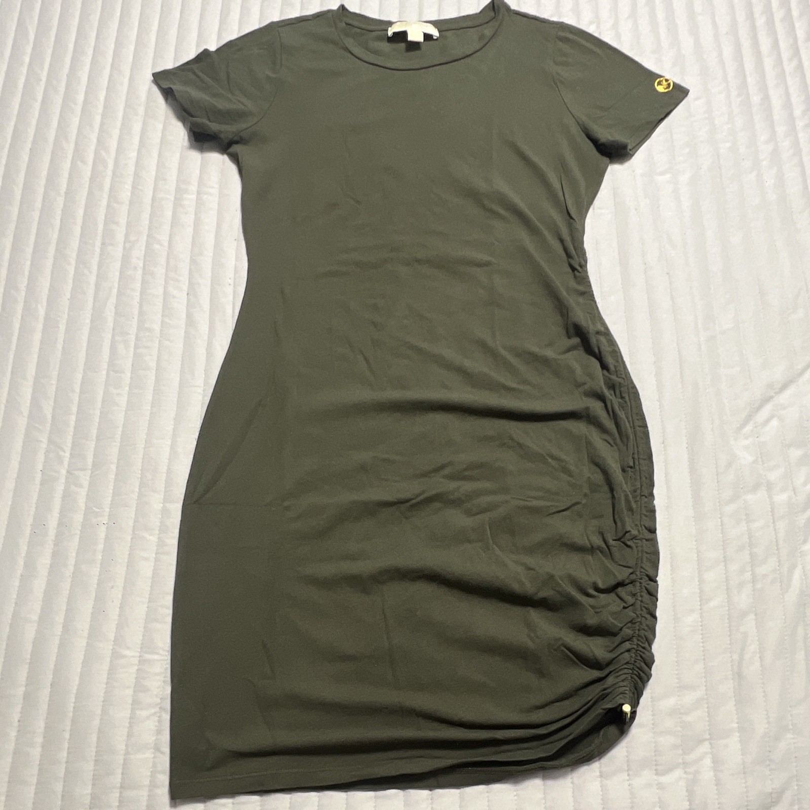 Michael Kors Green Knit T-Shirt Bodycon Dress Ruched Short Sleeve Crew Neck M